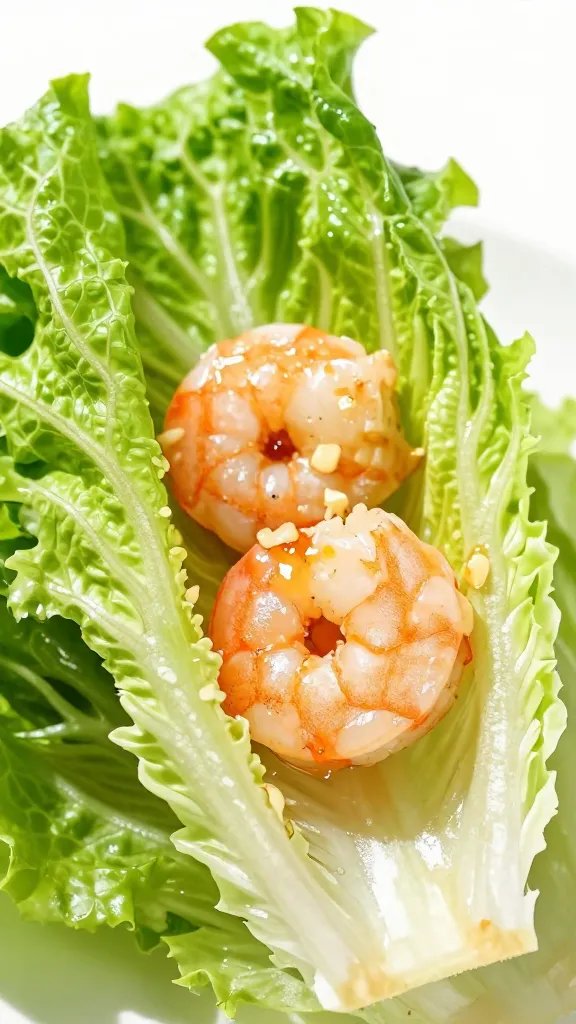 romaine lettuce leaf cupping shrimp, garlic-lime glaze closeup