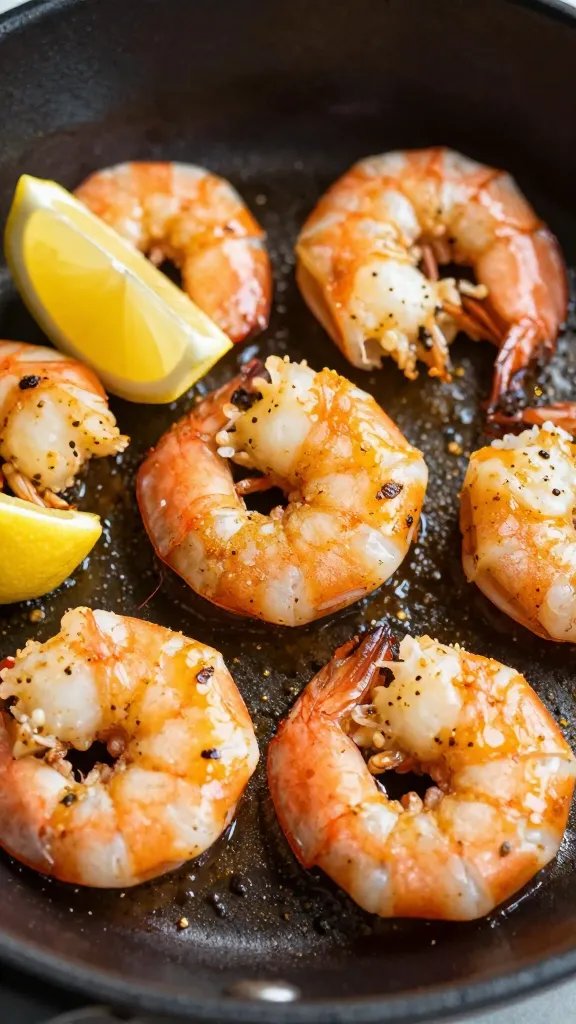 closeup skillet of Cajun garlic butter shrimp with lemon wedge
