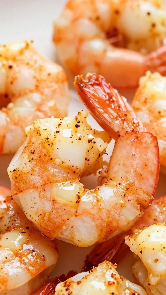 macro shot of seared shrimp in garlic butter with paprika dust