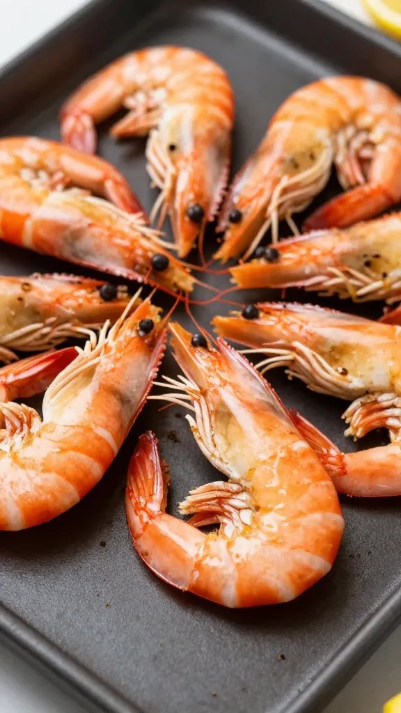closeup of lemon-garlic shrimp on dark sheet pan