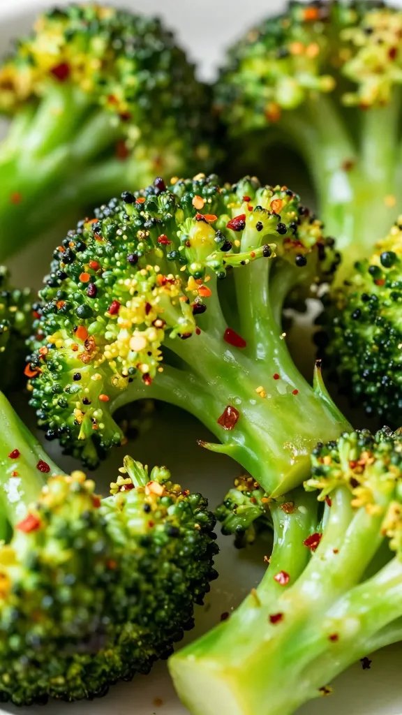 roasted broccoli florets with chili flakes, macro closeup