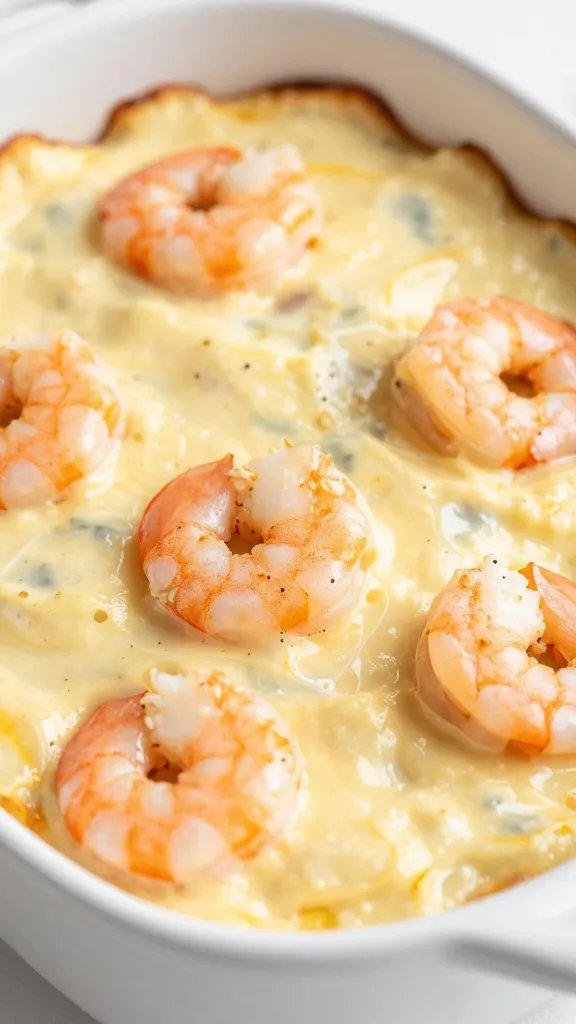 closeup of keto shrimp alfredo bake in white casserole