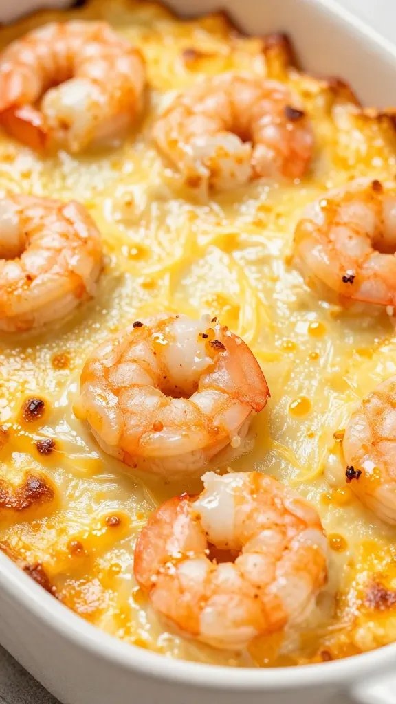 golden bubbly cheese crust on shrimp alfredo bake, macro