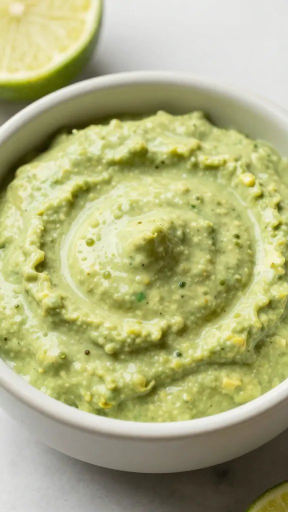 creamy avocado-lime sauce in small ceramic bowl