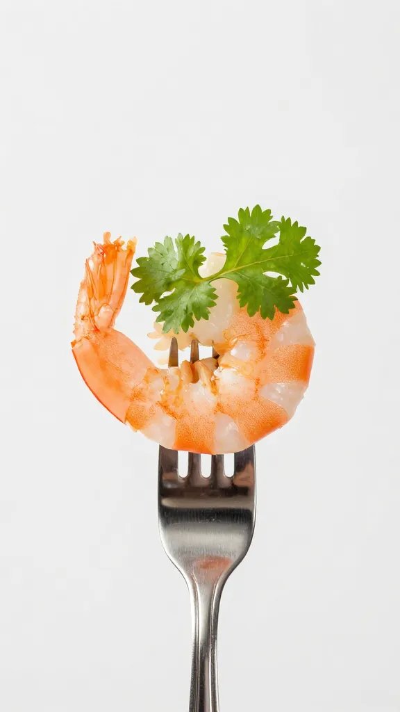 single shrimp skewered on fork with cilantro garnish