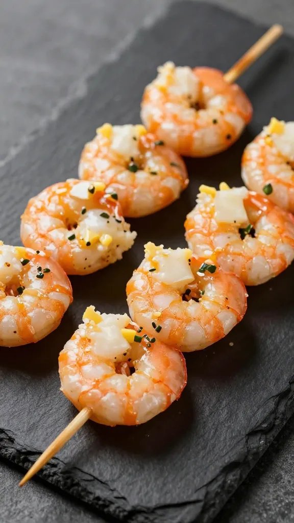 closeup of butter-garlic shrimp skewer on black slate