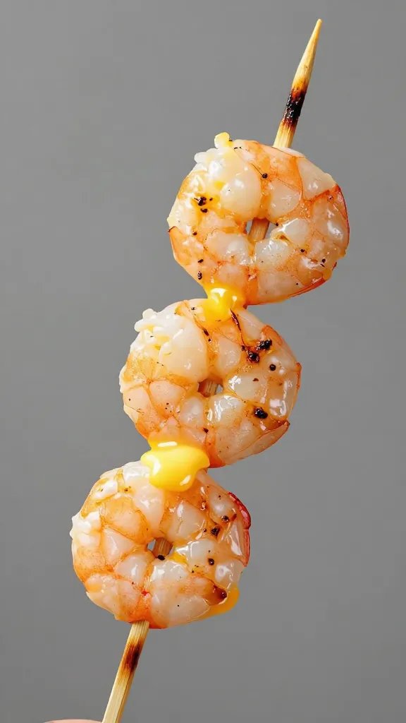 single shrimp skewer brushed with melted butter, grill marks