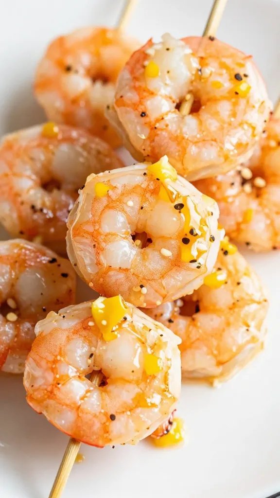 keto shrimp skewer with garlic glaze and lemon zest closeup