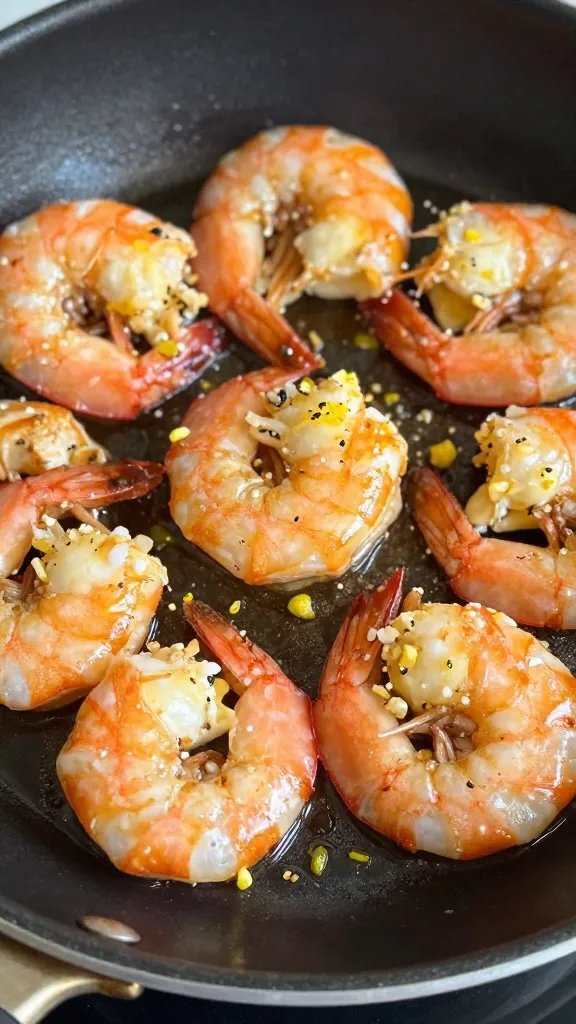 closeup skillet of buttery garlic shrimp with lemon zest