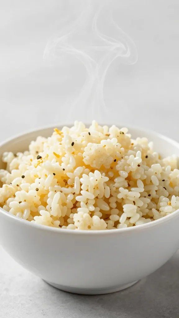 single bowl of Parmesan cauliflower rice, steam rising