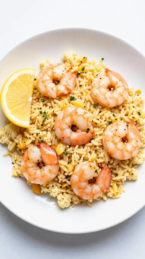 plated keto shrimp atop cheesy cauliflower rice, lemon wedge nearby