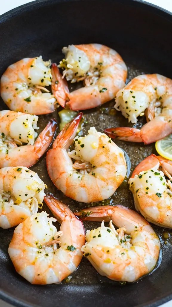closeup skillet of keto shrimp in lemon herb butter