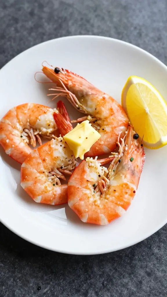 single plate of butter-garlic shrimp with lemon wedge