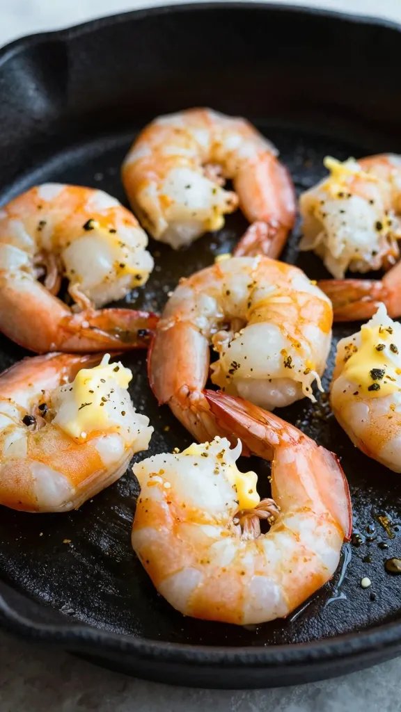 shrimp drizzled with golden herb butter on cast-iron pan