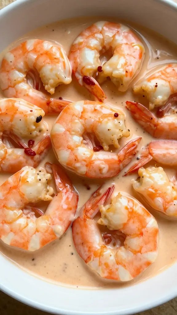 Closeup bowl of keto shrimp in creamy sun-dried tomato sauce