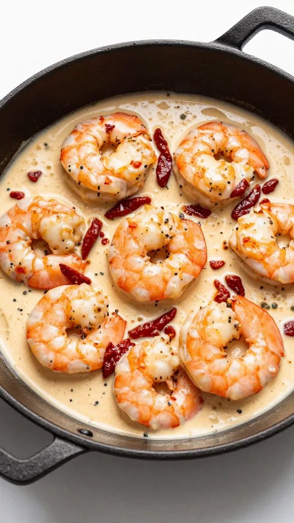Skillet shot of shrimp smothered in creamy sun-dried tomato sauce