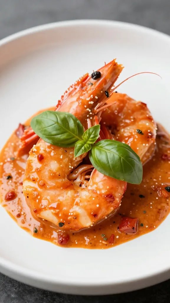 Single shrimp coated in creamy sun-dried tomato sauce, garnished basil