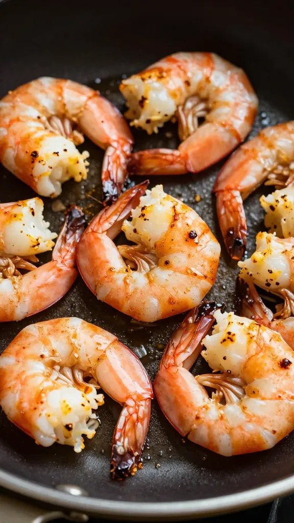 closeup skillet of shrimp in roasted garlic butter