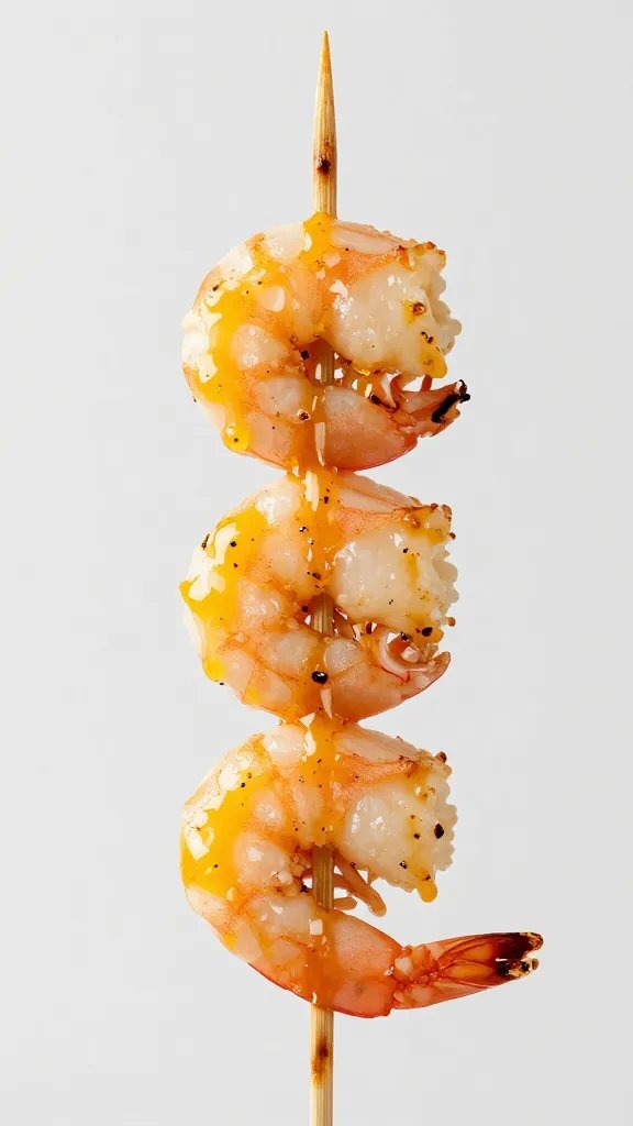 single shrimp skewer glazed with roasted garlic butter