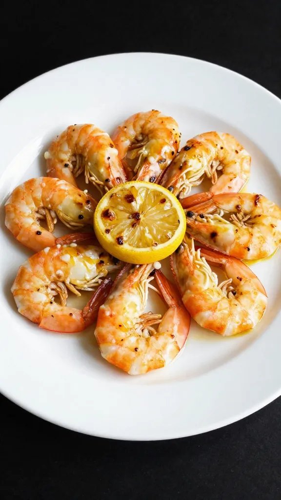 white plate with shrimp in lemony roasted garlic butter