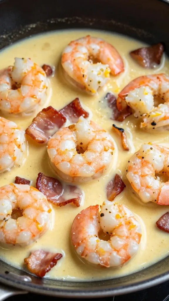 skillet of keto shrimp and bacon in lemon-butter sauce, closeup