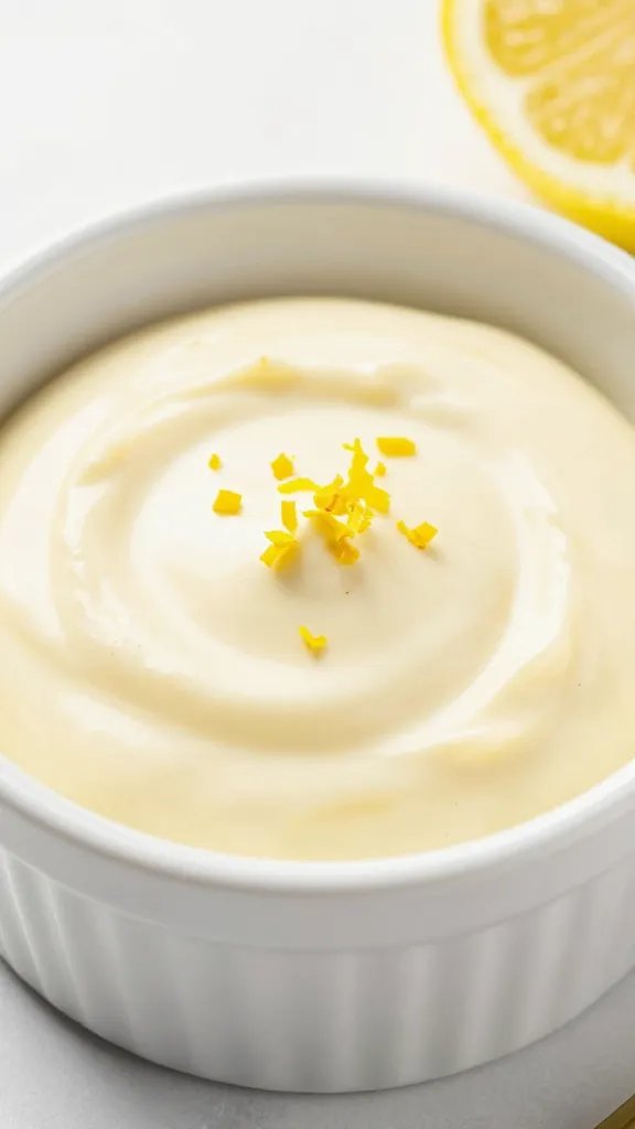 lemon aioli in ramekin with micro-zest garnish, closeup