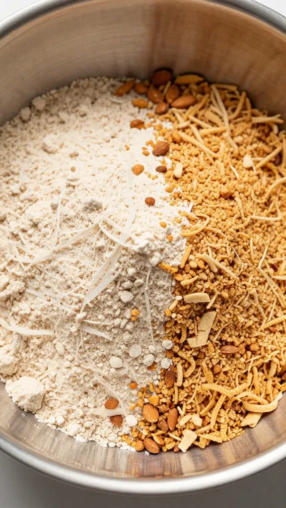 almond flour and crushed pork rind breading in shallow bowl, macro