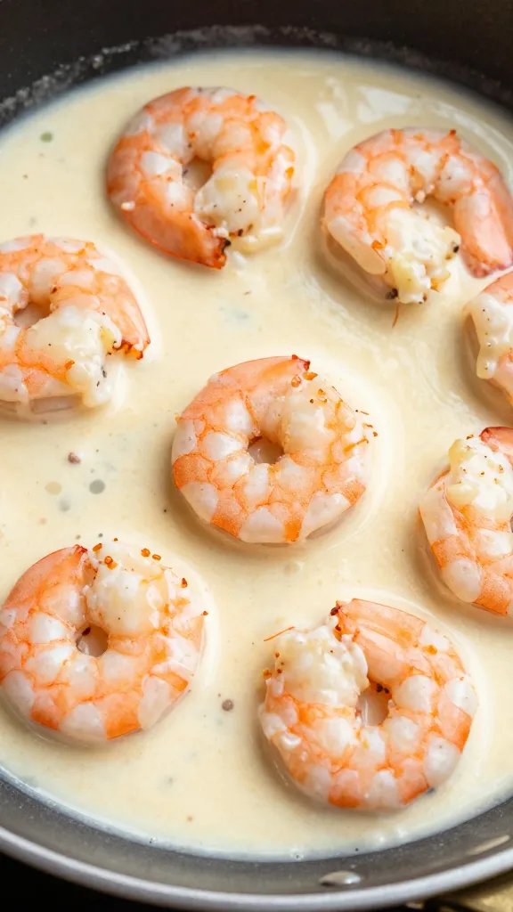 closeup skillet of keto shrimp in garlic cream sauce