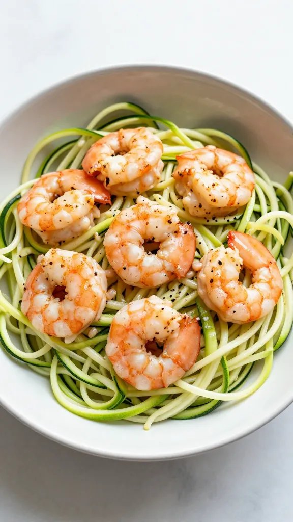 single bowl of zucchini noodles topped with garlicky creamy shrimp