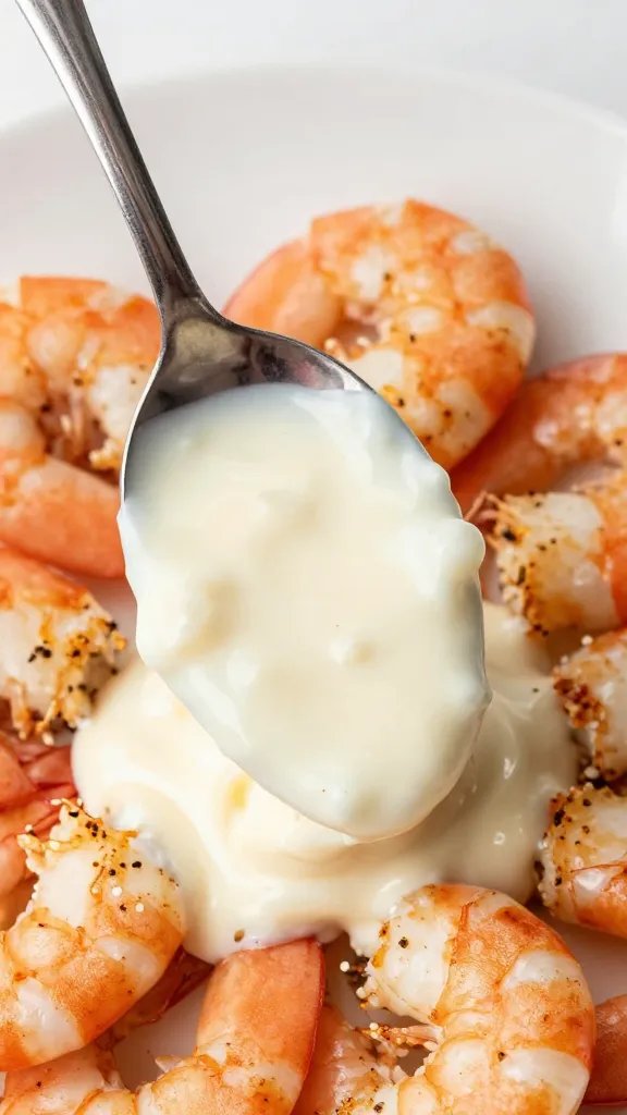 spoonful of silky garlic cream sauce over seared shrimp