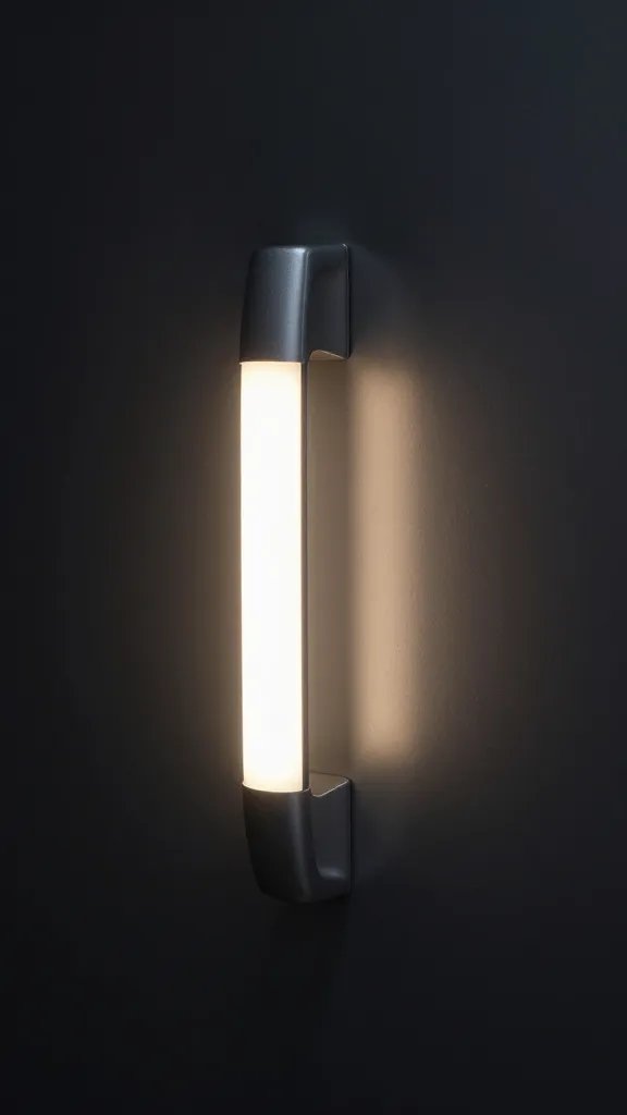 single illuminated refrigerator door handle at night