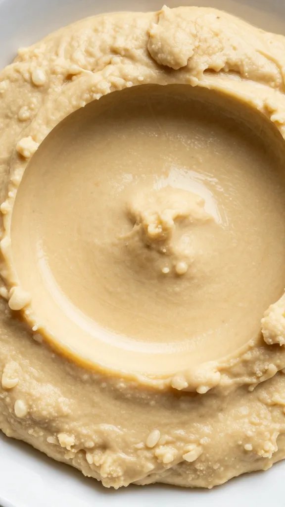 closeup of hummus tub with spoon imprint