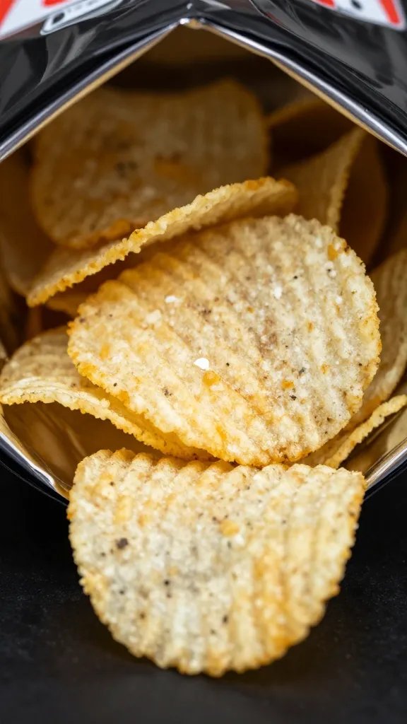 closeup of a single open bag of ridged potato chips