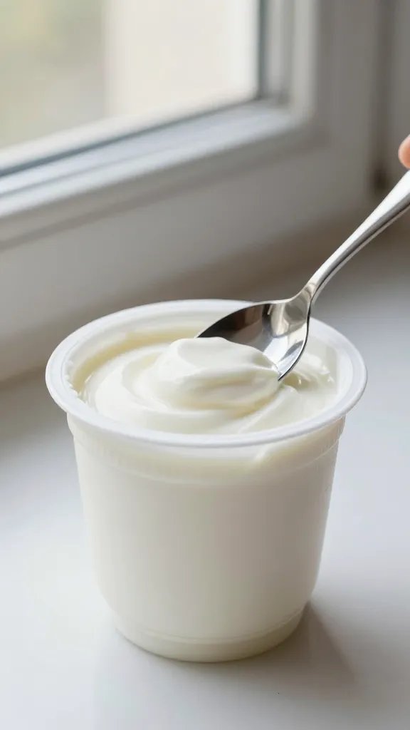 Greek yogurt cup with spoon, soft window light