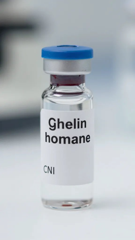 closeup of a single ghrelin hormone vial with lab label