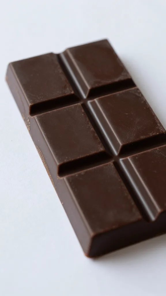 closeup of a single dark chocolate bar on desk papers