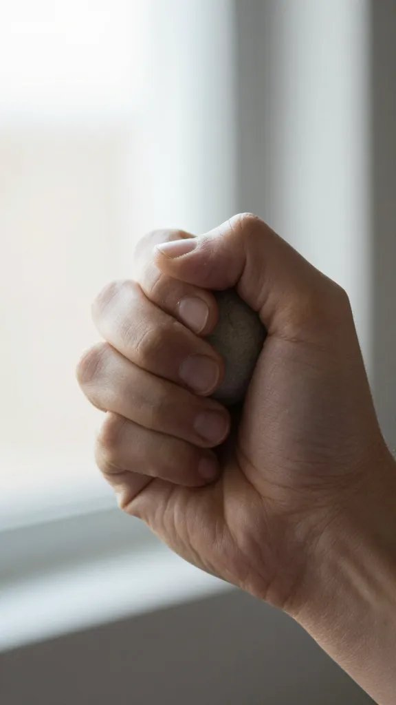stress ball in hand, tight squeeze, soft window light