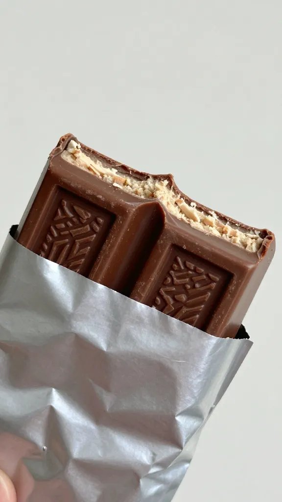 closeup of half-eaten chocolate bar on crumpled wrapper