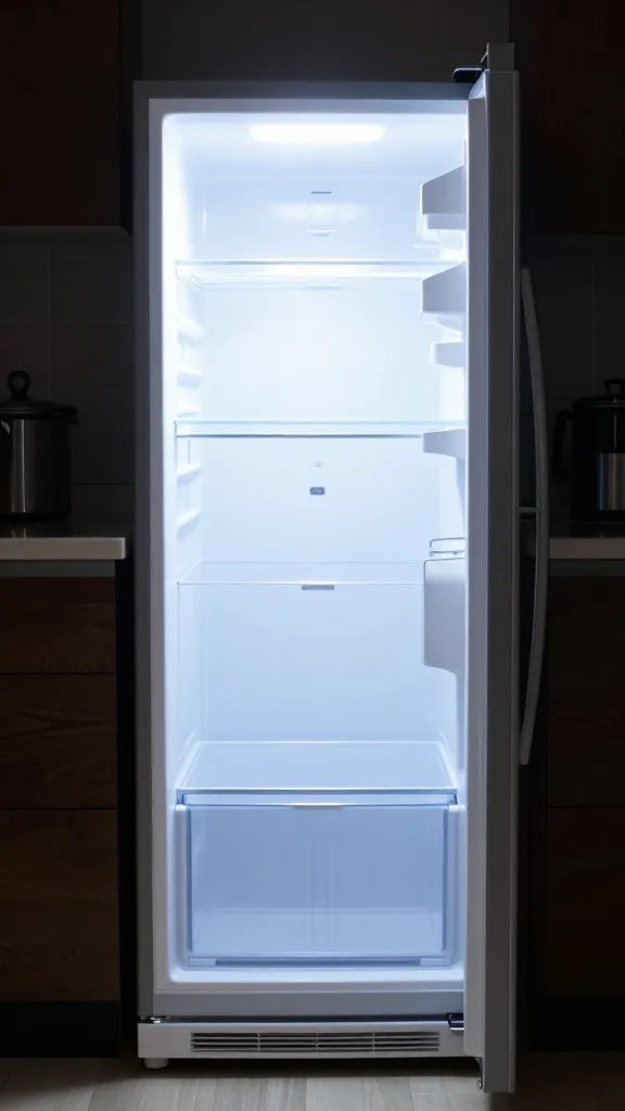 single glowing fridge door slightly open in dark kitchen