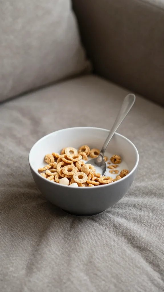 closeup of cereal bowl with spoon on rumpled couch cushion
