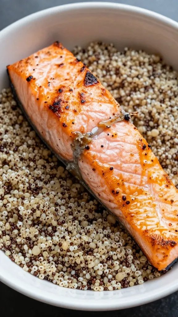 closeup of protein-packed quinoa bowl with grilled salmon