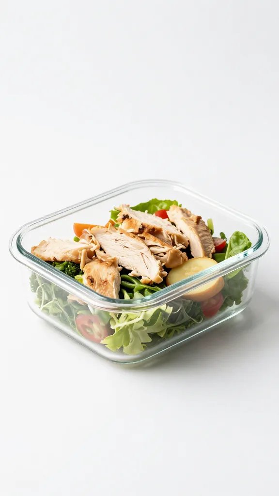 single glass meal-prep container of chicken salad