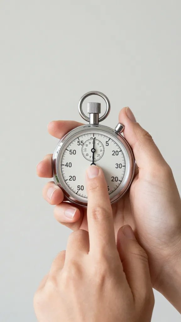 woman’s hand pressing stopwatch start button, soft daylight