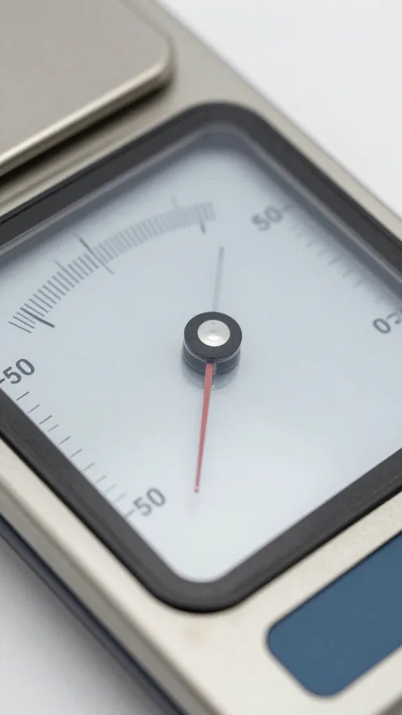 handheld analog scale with fluctuating needle, tight macro shot