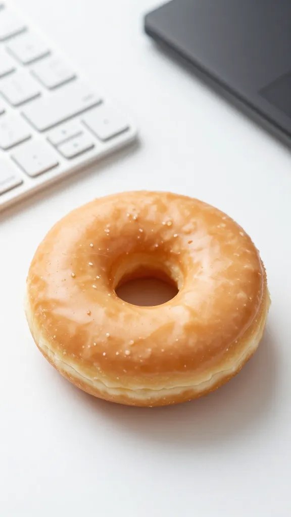 single glazed donut on office desk beside keyboard