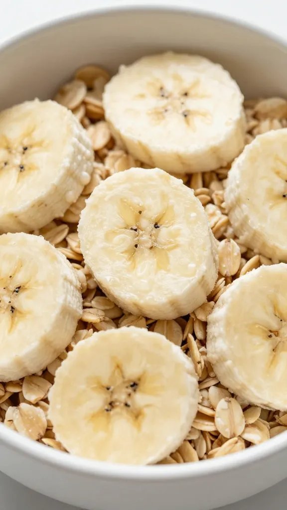 closeup of a single oatmeal bowl with banana slices