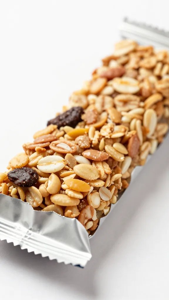 closeup of one granola bar in torn wrapper