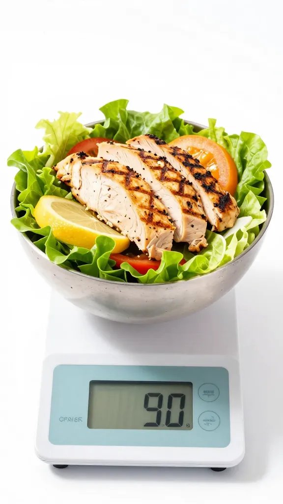 single grilled chicken salad bowl with a food scale