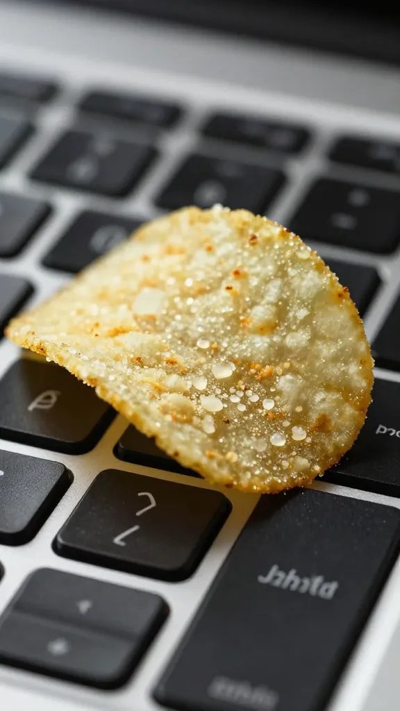 single salted potato chip on laptop keyboard, macro