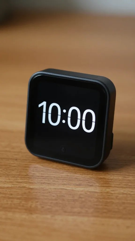 smartphone timer showing 10:00 on wooden desk, closeup